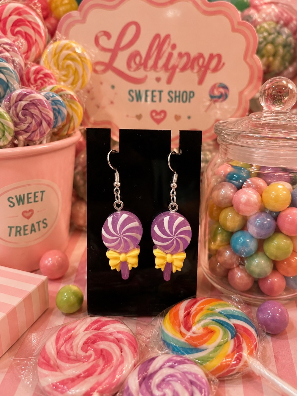 Purple Candy Lollipop Drop Earrings with Yellow Bow